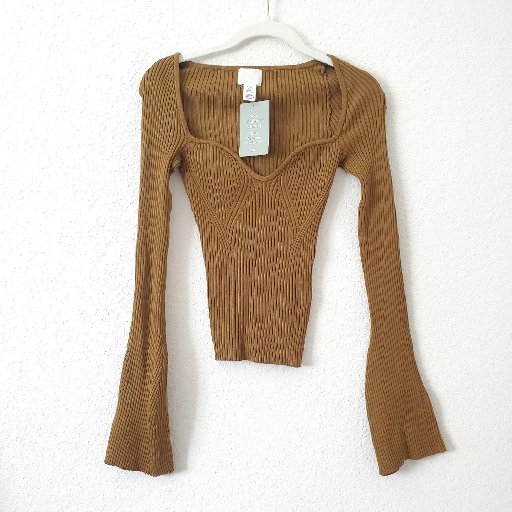 H&M Olive Green Ribbed Sweetheart Neckline Top Sweater XS NWT